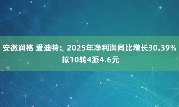 安徽润格 爱迪特：2025年净利润同比增长30.39% 拟10转4派4.6元